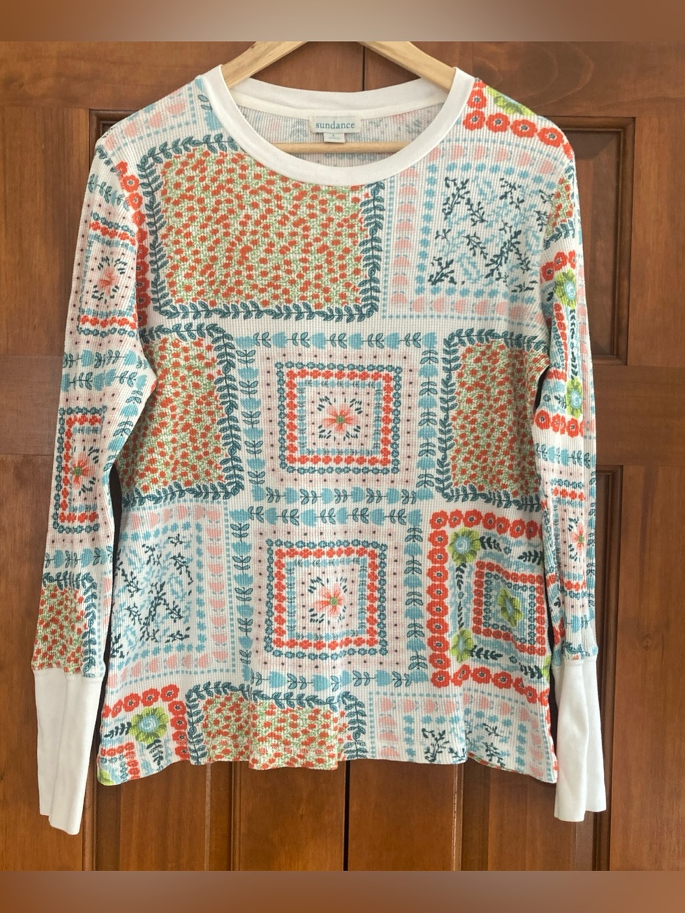 Sundance Multi-Color Patchwork Floral thermal waffle knit cotton top women’s L